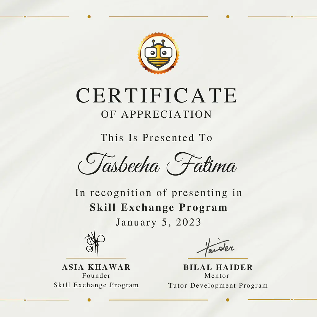 Certificate Awarded to Tasbeeha Fatima  from TutorBees.net
