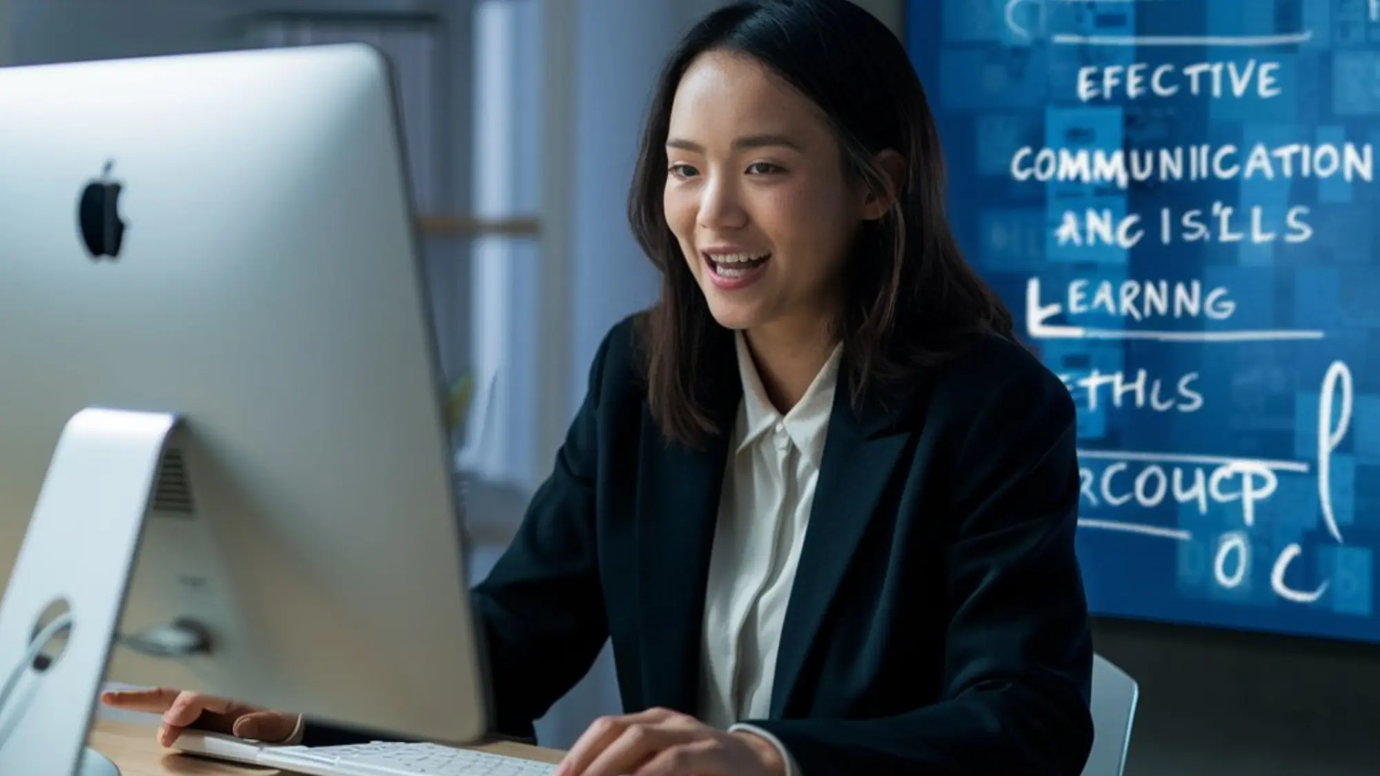 A tutor conducts an online lesson in a modern e-learning environment.The image highlights the importance of strong English skills in improving communication and learning effectiveness.