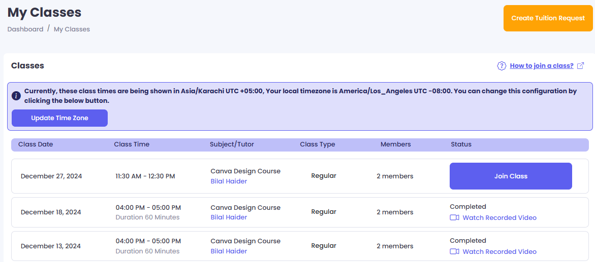 A tutorbees student dashboard screen showing Join Class and View Recordings.