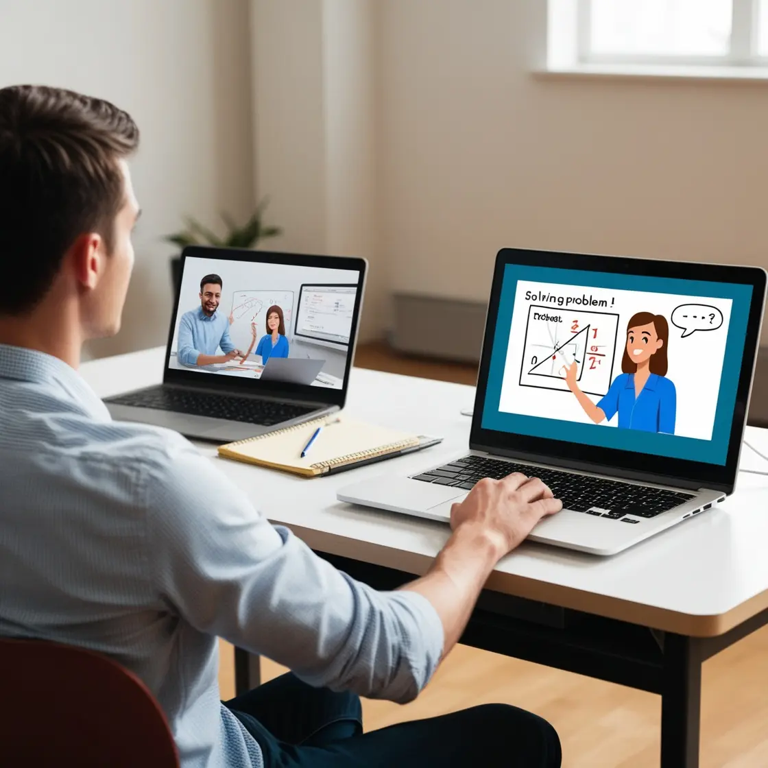 A computer screen showing a virtual classroom with a teacher and a student. The teacher is visible in a video call, while the student is actively engaging with the lesson on their device. The setup includes visible educational tools like a virtual whiteboard and interactive elements, emphasizing the online learning experience.