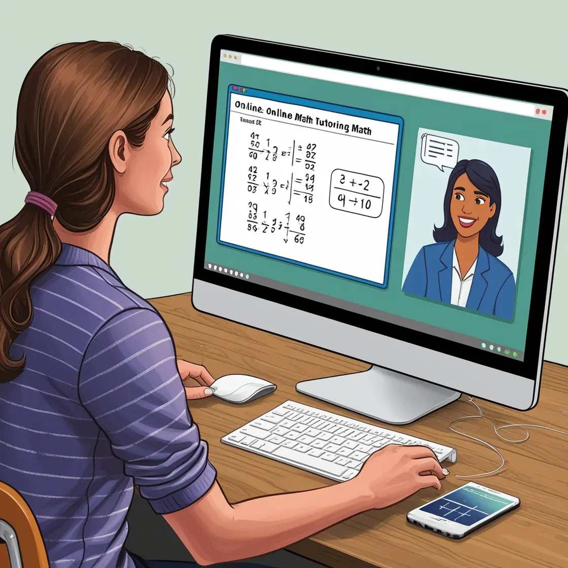 A student participating in an online math tutoring session, with a computer screen displaying a virtual whiteboard and math problems. The tutor is visible on the screen, providing personalized guidance.