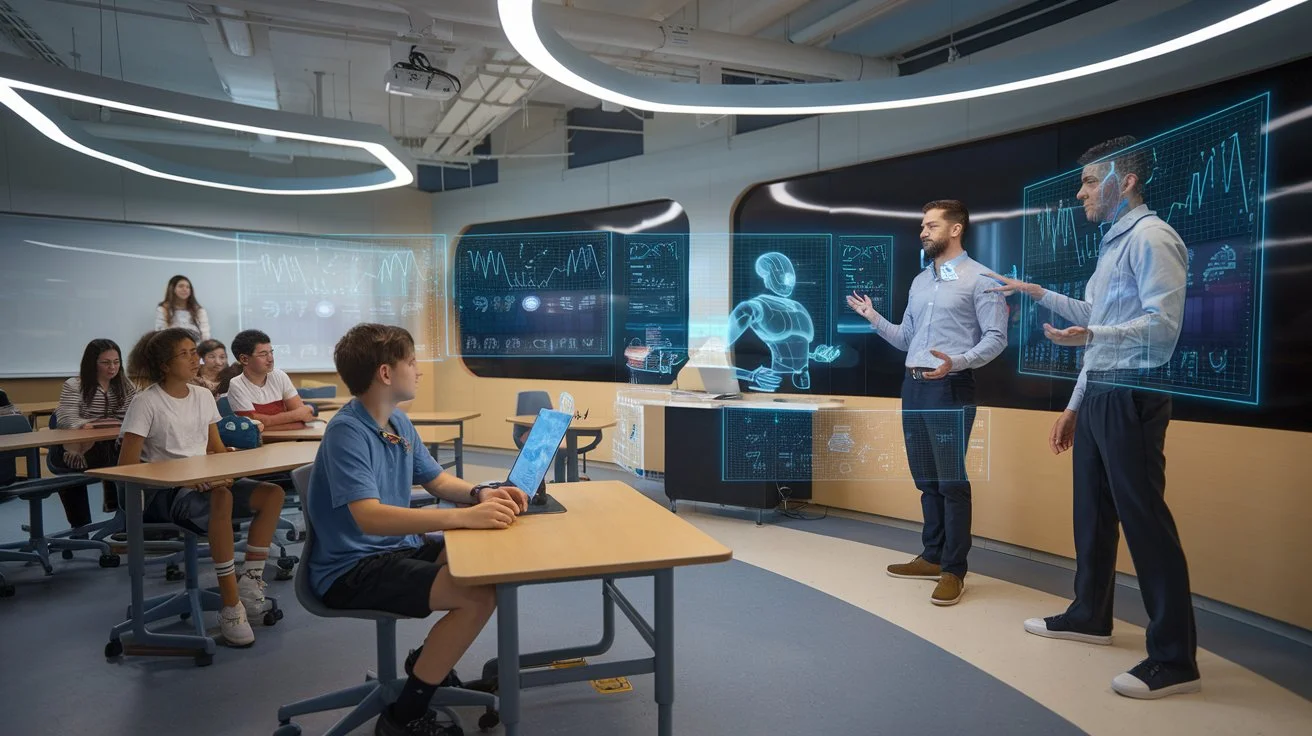 Students and teachers in a futuristic classroom, utilizing AI tools to teach, assess, and visualize learning, with a student teaching an AI agent and teachers using advanced holographic technology to present concepts.