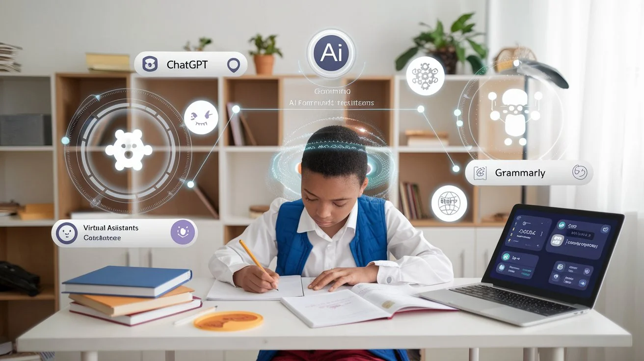 Student doing homework at a desk, using AI tools like ChatGPT and Grammarly, represented by icons or holograms, alongside traditional materials such as books and a pencil, in a well-lit, modern study environment.