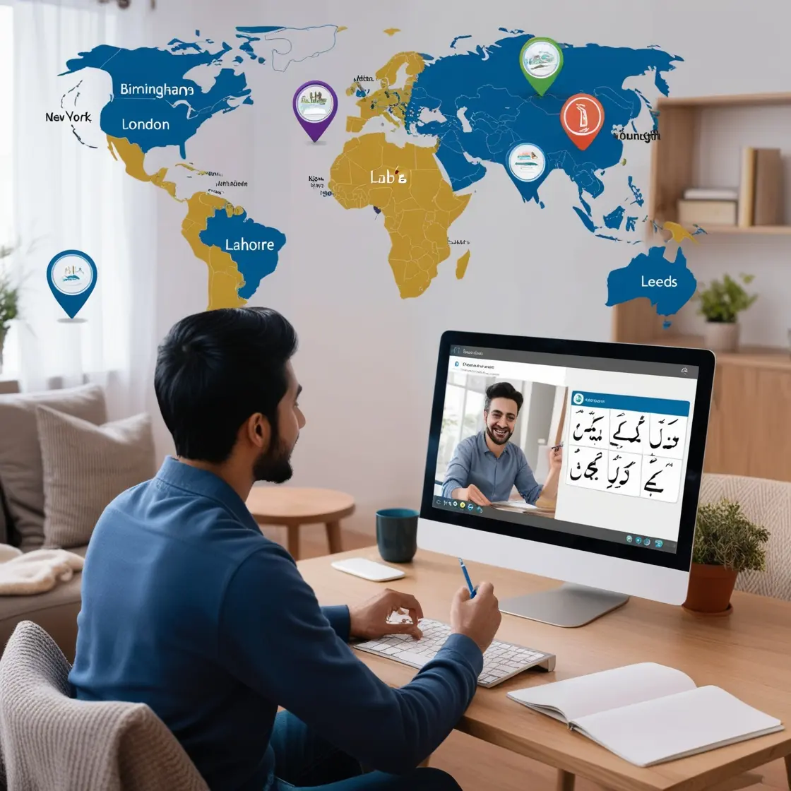 A person attending an online Urdu language class from home, interacting with a tutor via a video call on a computer screen. The image includes a shared whiteboard on the screen and visual elements such as a world map with pins representing various cities like Birmingham, London, Lahore, Dubai, Edinburgh, New York, Manchester, and Leeds, highlighting the global accessibility of e-learning.