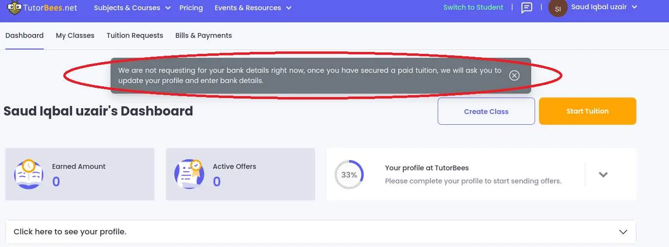 Dashboard Notification to add bank details when first tuition is secured