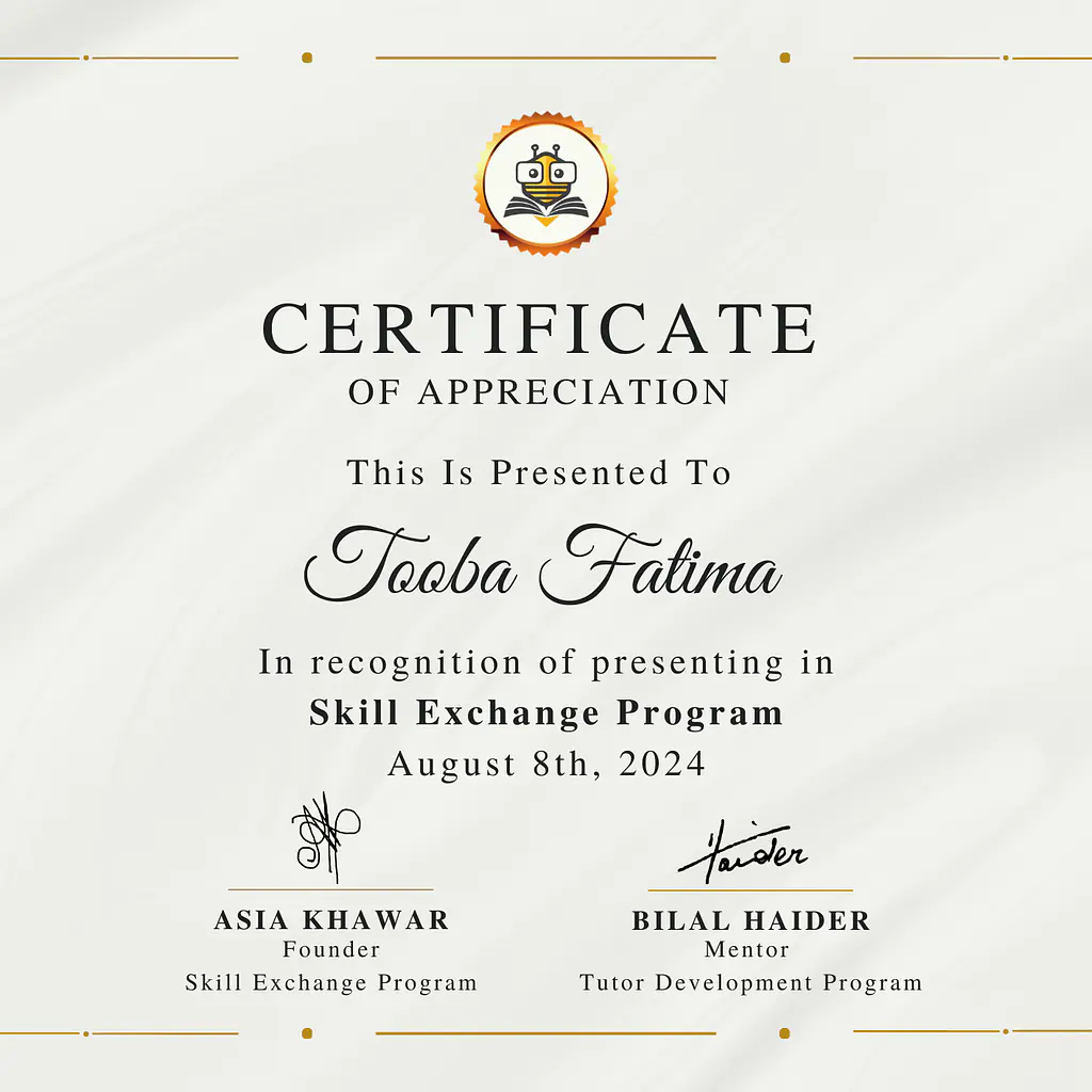 Certificate Awarded to Tooba Fatima  from TutorBees.net