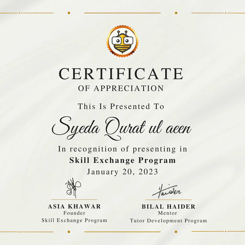 Certificate Awarded to Syeda Qurat Ul Aeen from TutorBees.net