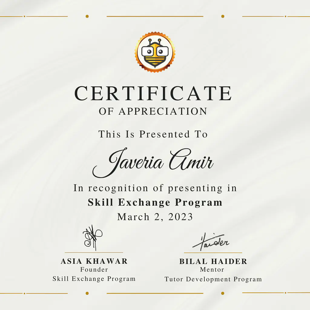 Certificate Awarded to Javeria Amir  from TutorBees.net