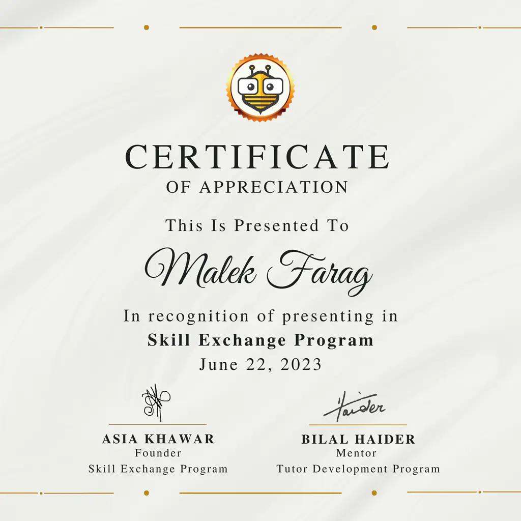 Certificate Awarded to Malek Farag from TutorBees.net