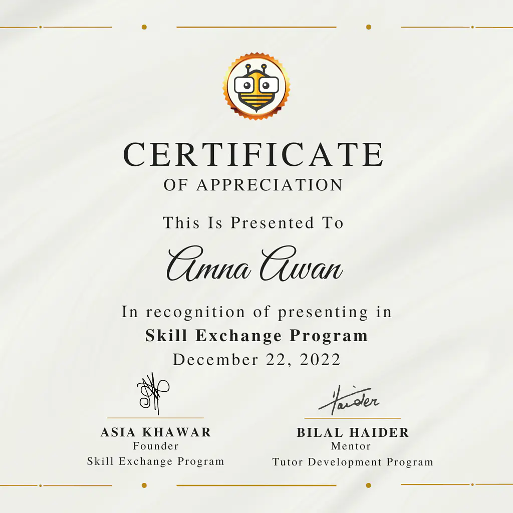 Certificate Awarded to Amna Awan from TutorBees.net