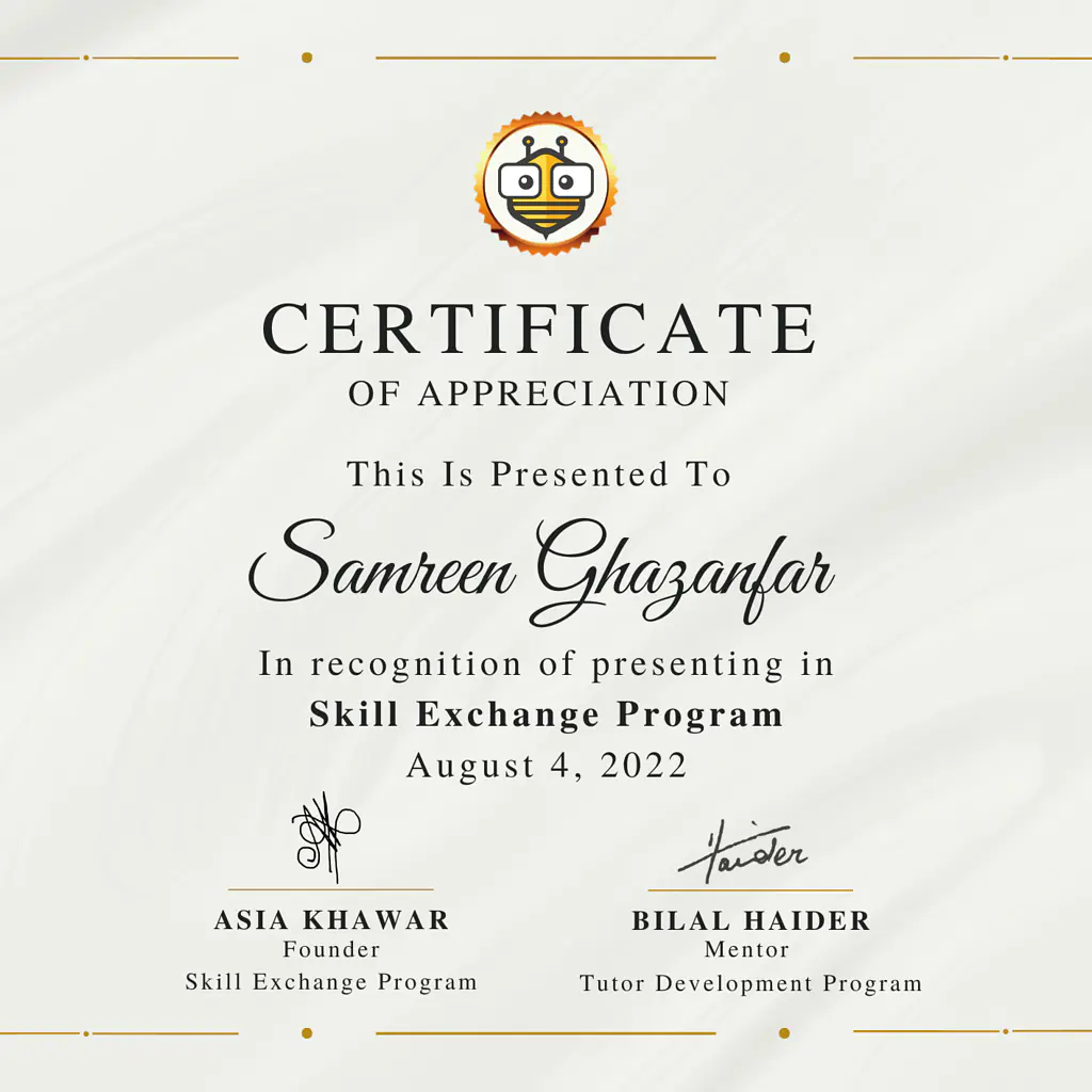 Certificate Awarded to Samreen Ghazanfar from TutorBees.net