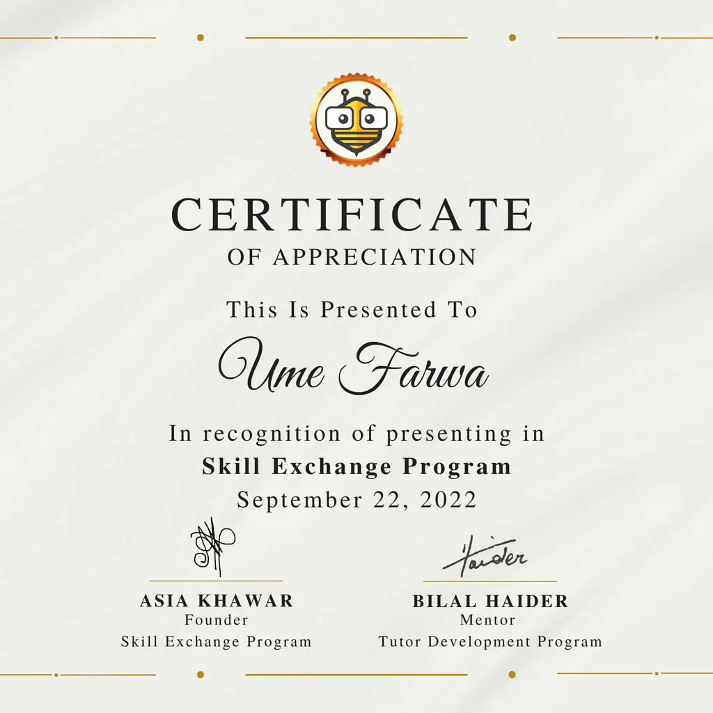 Certificate Awarded to Ume Farwa from TutorBees.net