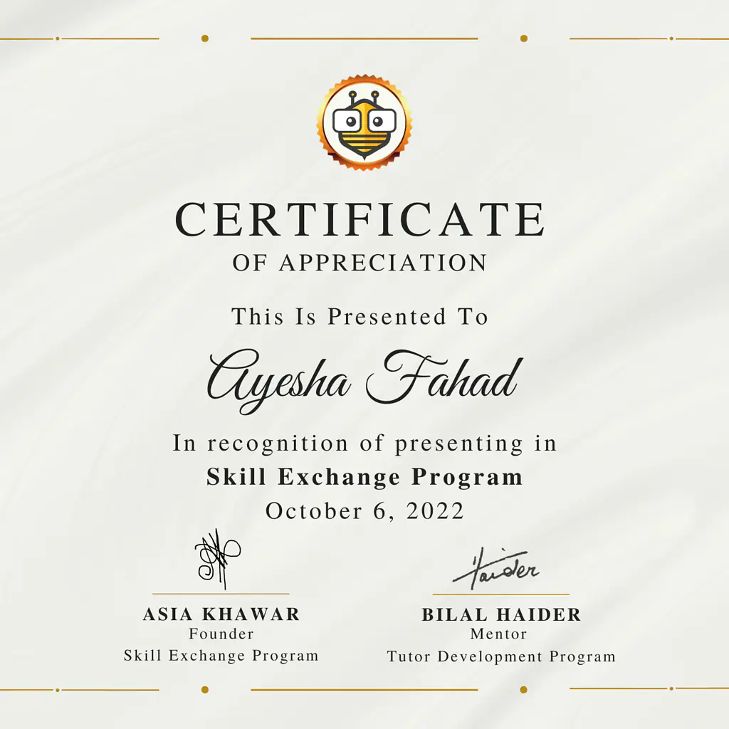 Certificate Awarded to Ayesha Fahad from TutorBees.net