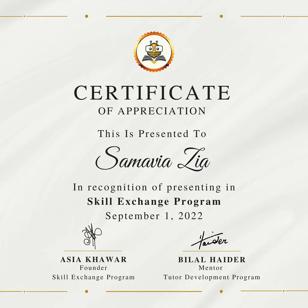 Certificate Awarded to Samavia Zia from TutorBees.net