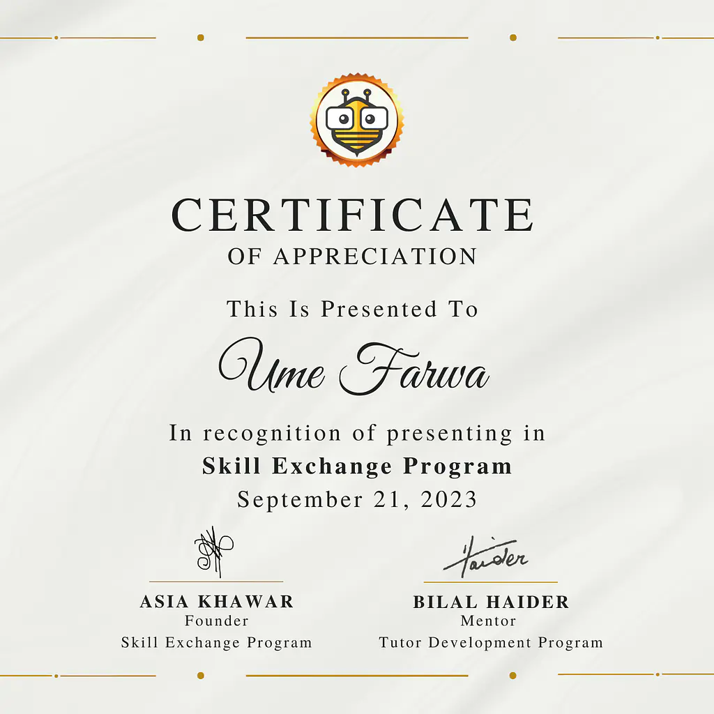 Certificate Awarded to Ume Farwa from TutorBees.net