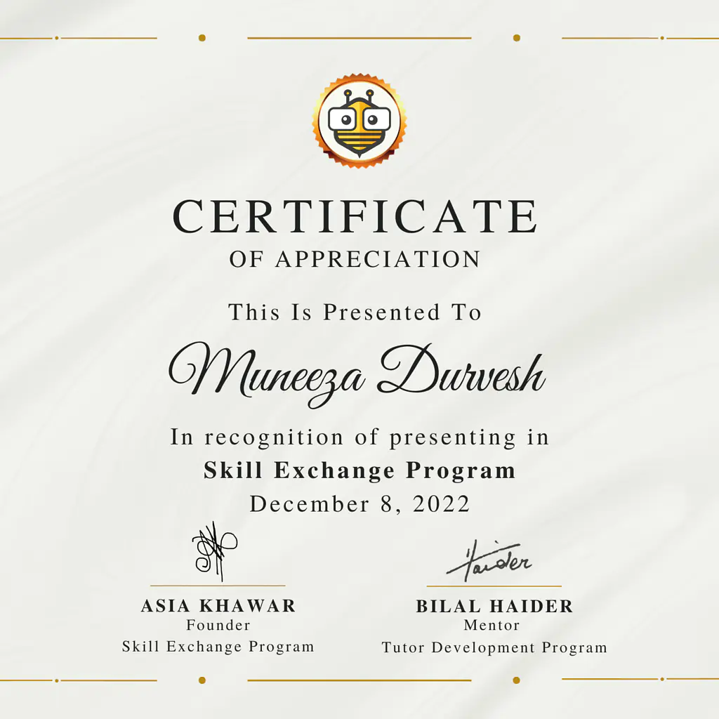 Certificate Awarded to Muneeza  from TutorBees.net