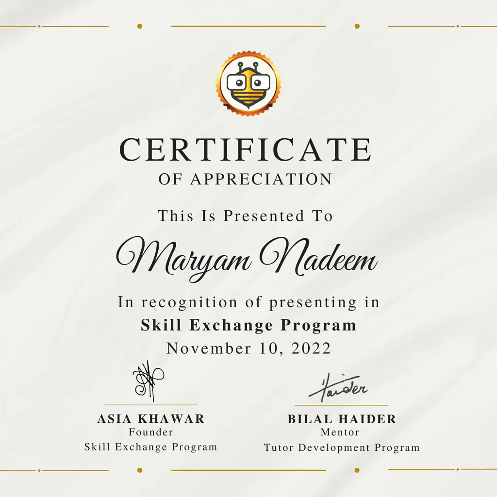 Certificate Awarded to Maryam Nadeem from TutorBees.net