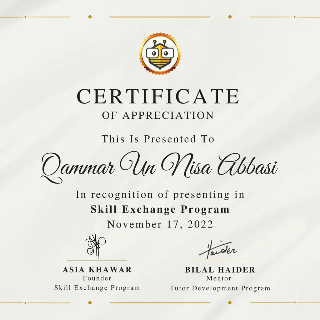 Certificate Awarded to Qammar Un Nisa Abbasi from TutorBees.net