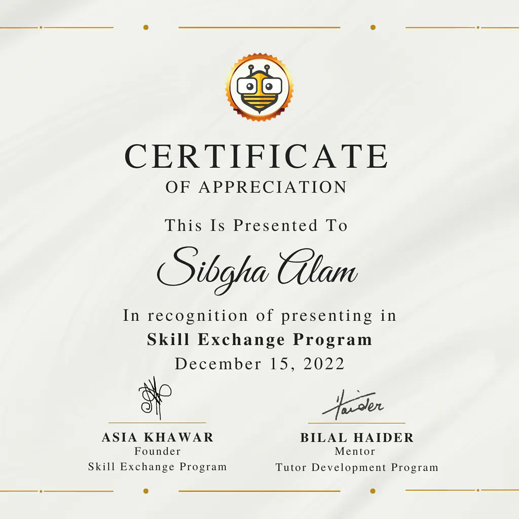 Certificate Awarded to Sibgha Alam from TutorBees.net