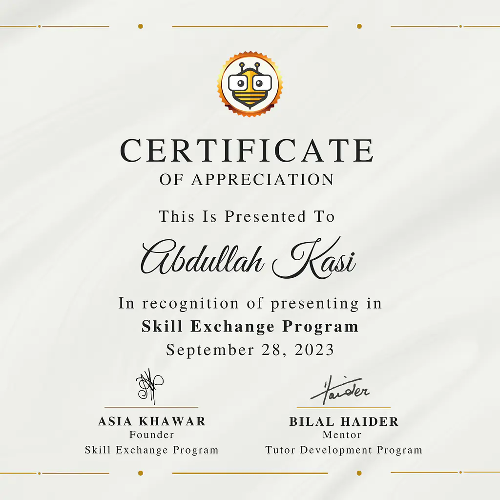 Certificate Awarded to Abdullah Kasi from TutorBees.net