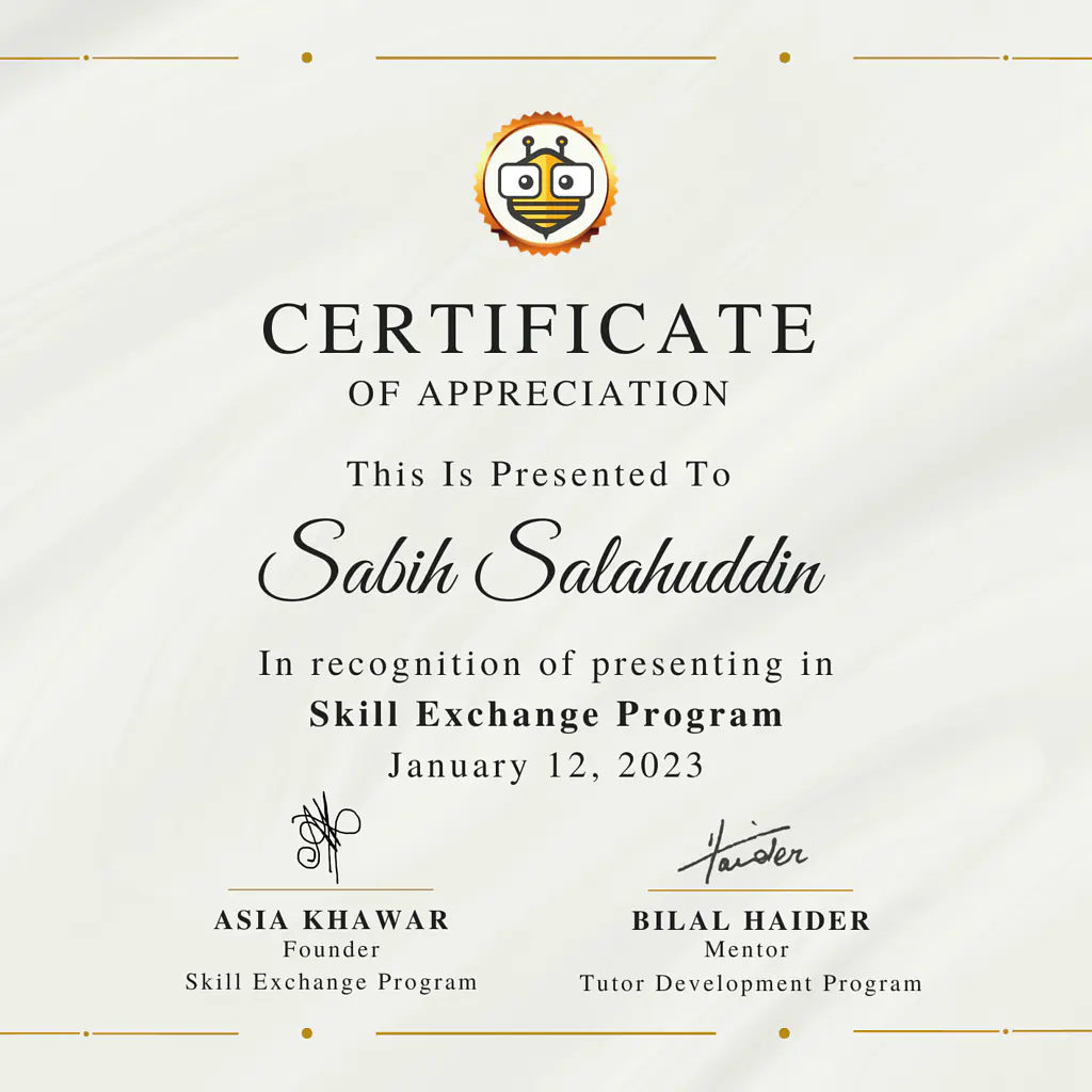 Certificate Awarded to Sabih Salahuddin from TutorBees.net