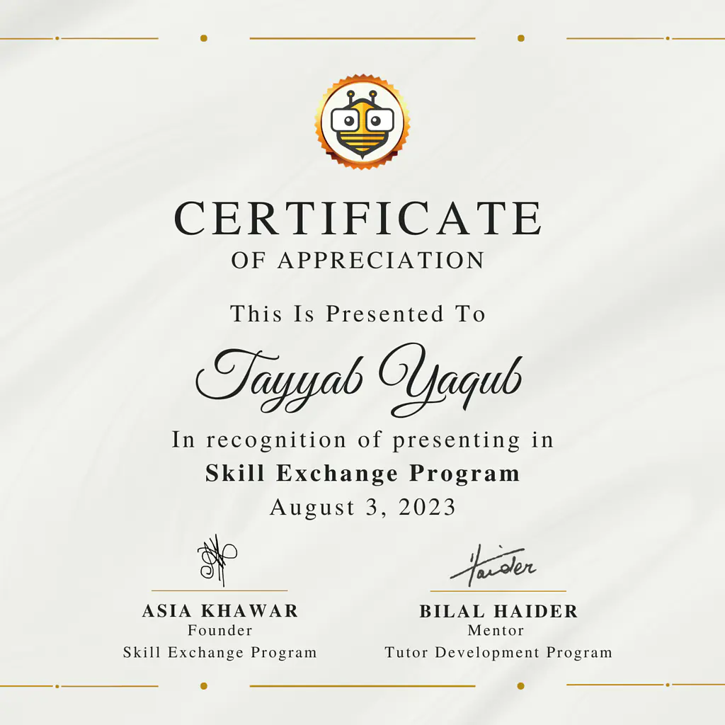 Certificate Awarded to Muhammad Tayyab Yaqub from TutorBees.net
