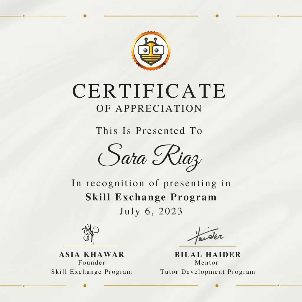 Certificate Awarded to Dr Sara Riaz from TutorBees.net