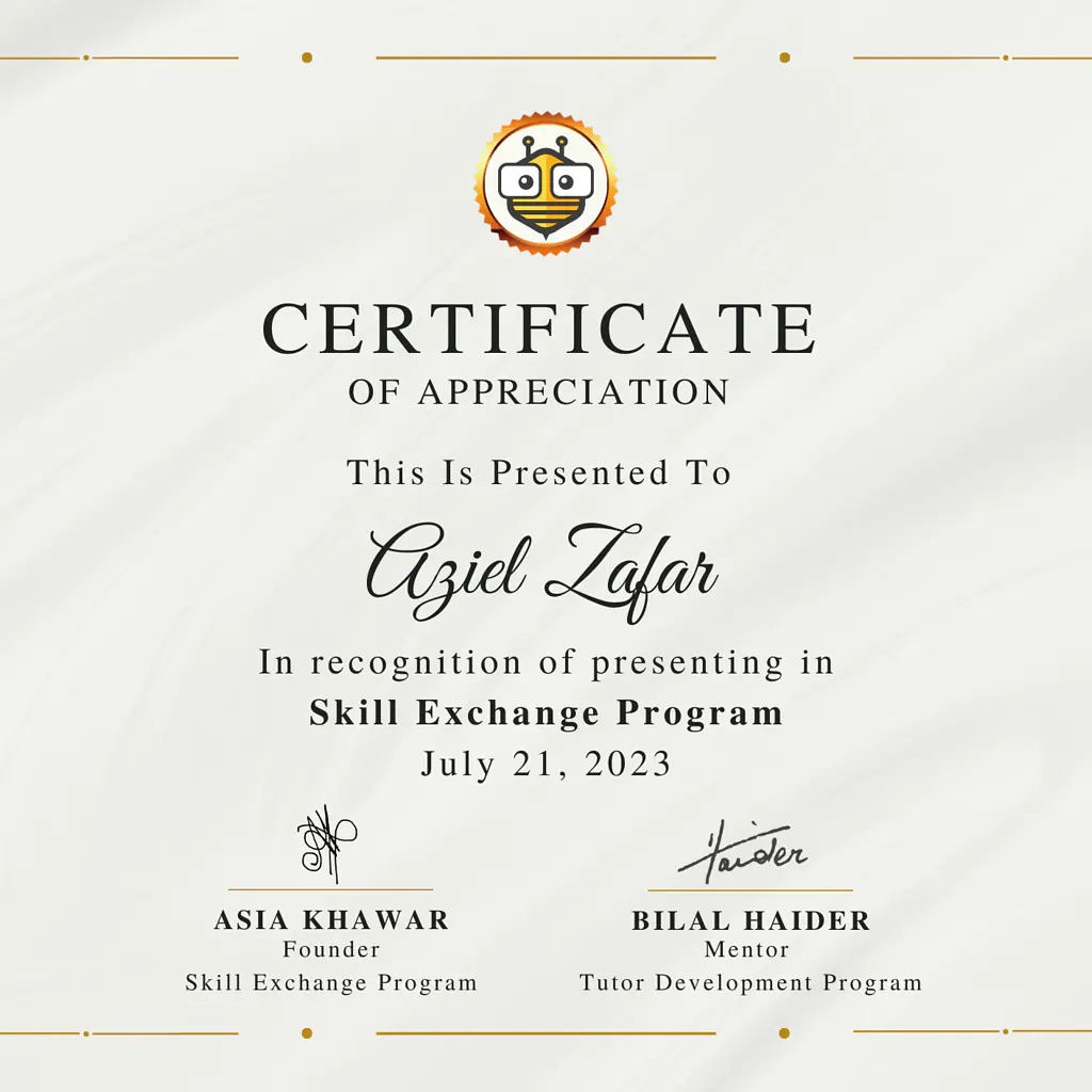 Certificate Awarded to Aziel Zafar from TutorBees.net