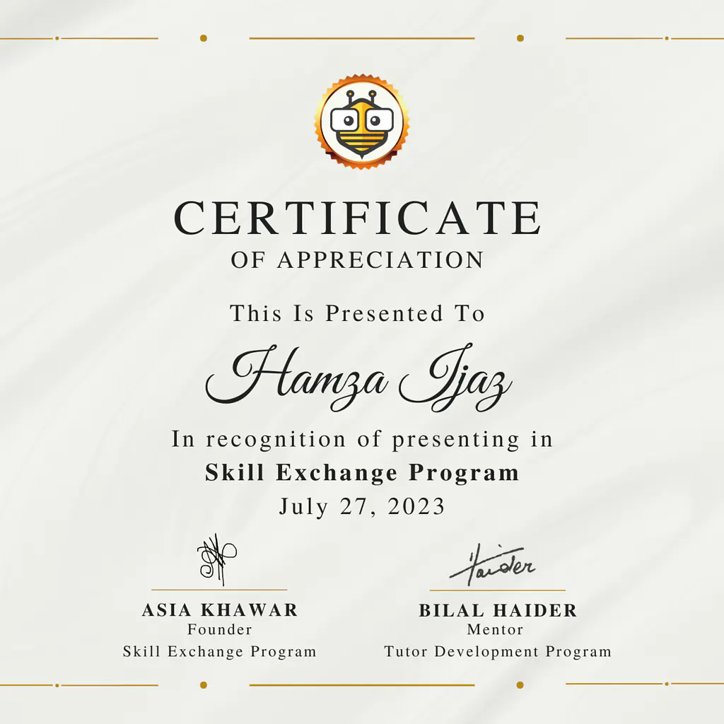 Certificate Awarded to Hamza Ijaz malik from TutorBees.net