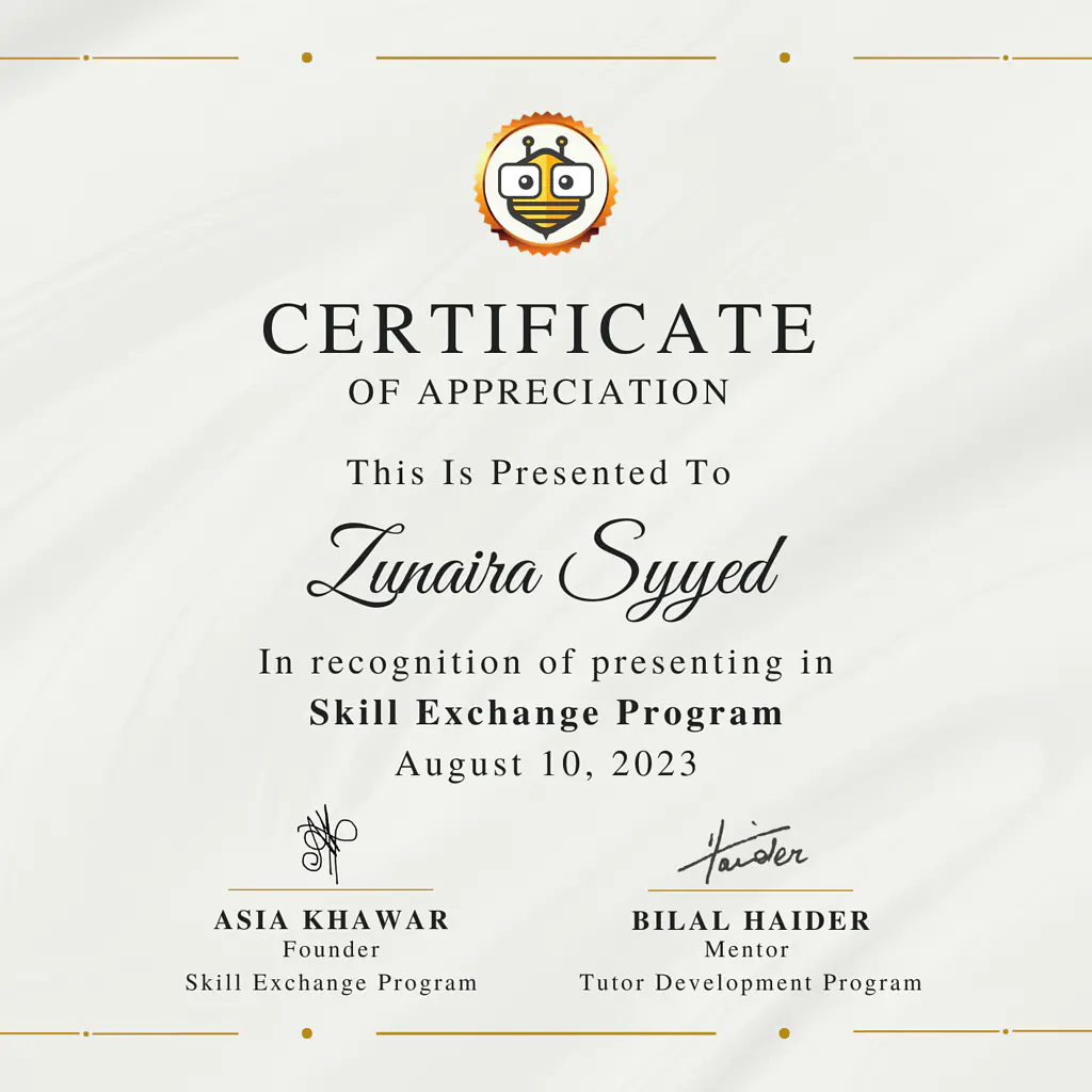 Certificate Awarded to Zunaira Syyed from TutorBees.net