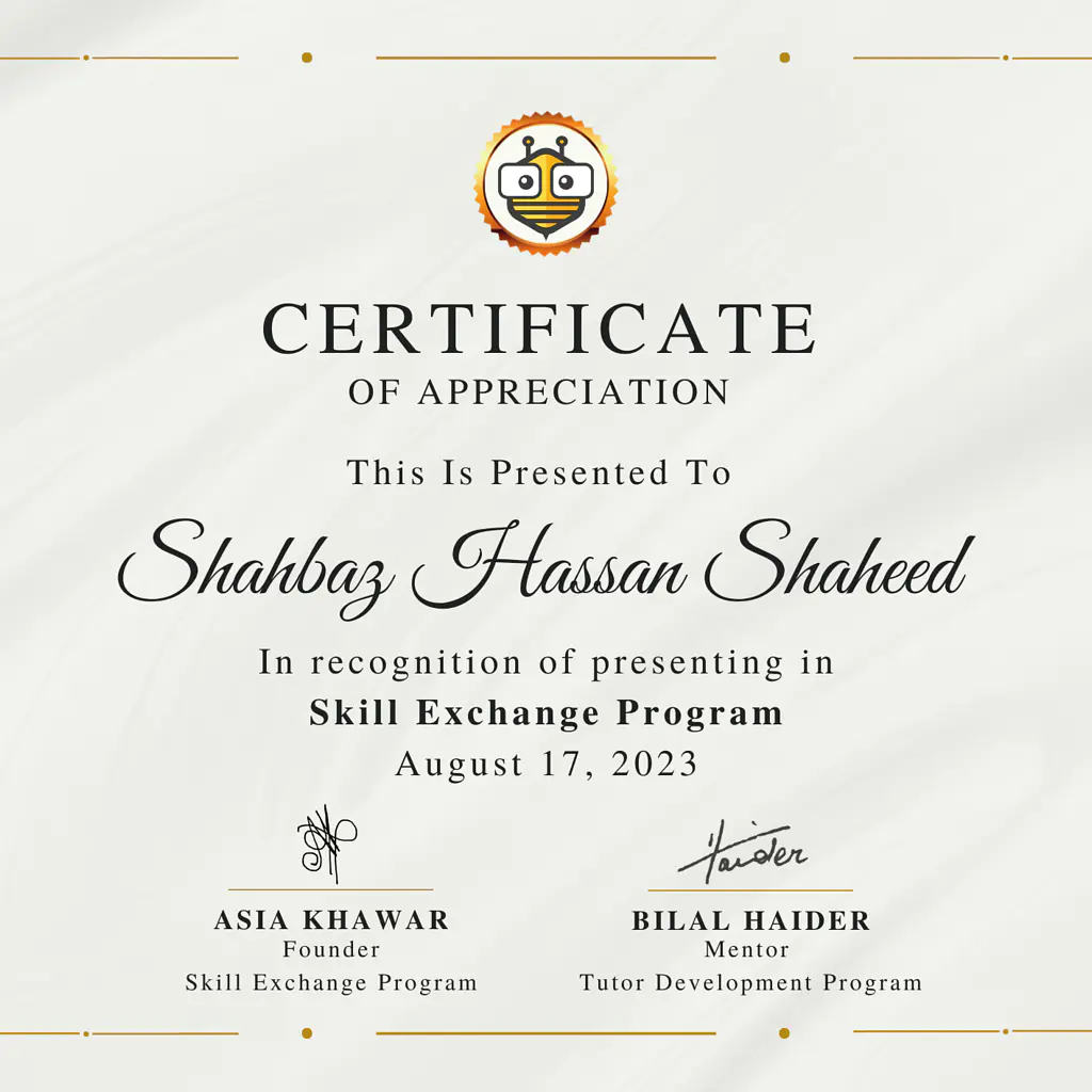 Certificate Awarded to Shahbaz Hassan Shaheed from TutorBees.net